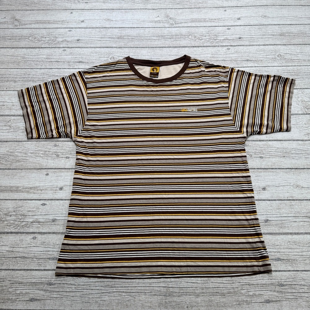 Y2K Akademiks T-Shirt Men's XL Tan Yellow Striped Short Sleeve Streetwear Cotton